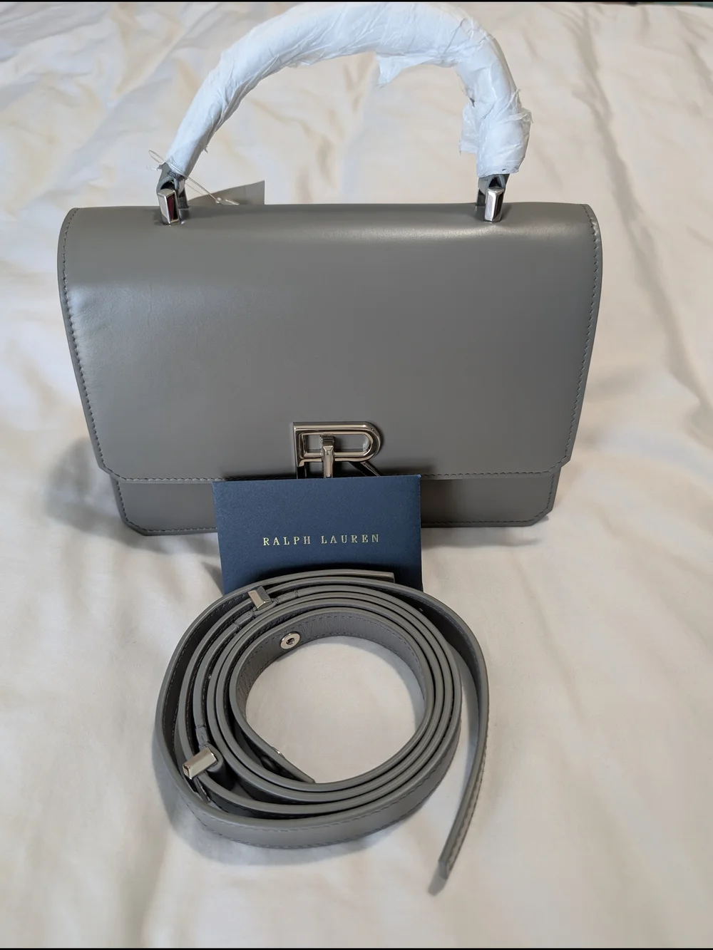 Ralph Lauren Gray Smooth Leather Top-Handle Crossbody with Silver RL Hardware